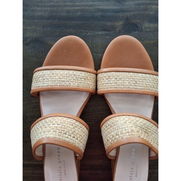 Patricia Green Raffia Block Heel Sandals Womens Size 8 Cognac Leather - Picture 2 of 6